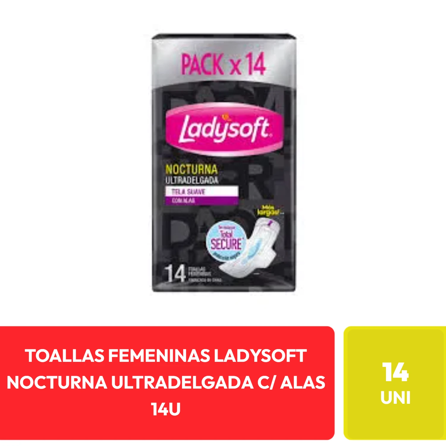 Ladysoft Toallas Femeninas Nocturna Ultradelgada con Alas Pack x 14 Unidades