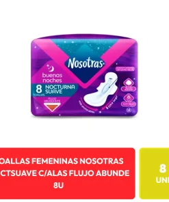 Nosotras Toallas Femeninas Nocturna Suave con Alas Flujo Abundante 8 Unidades