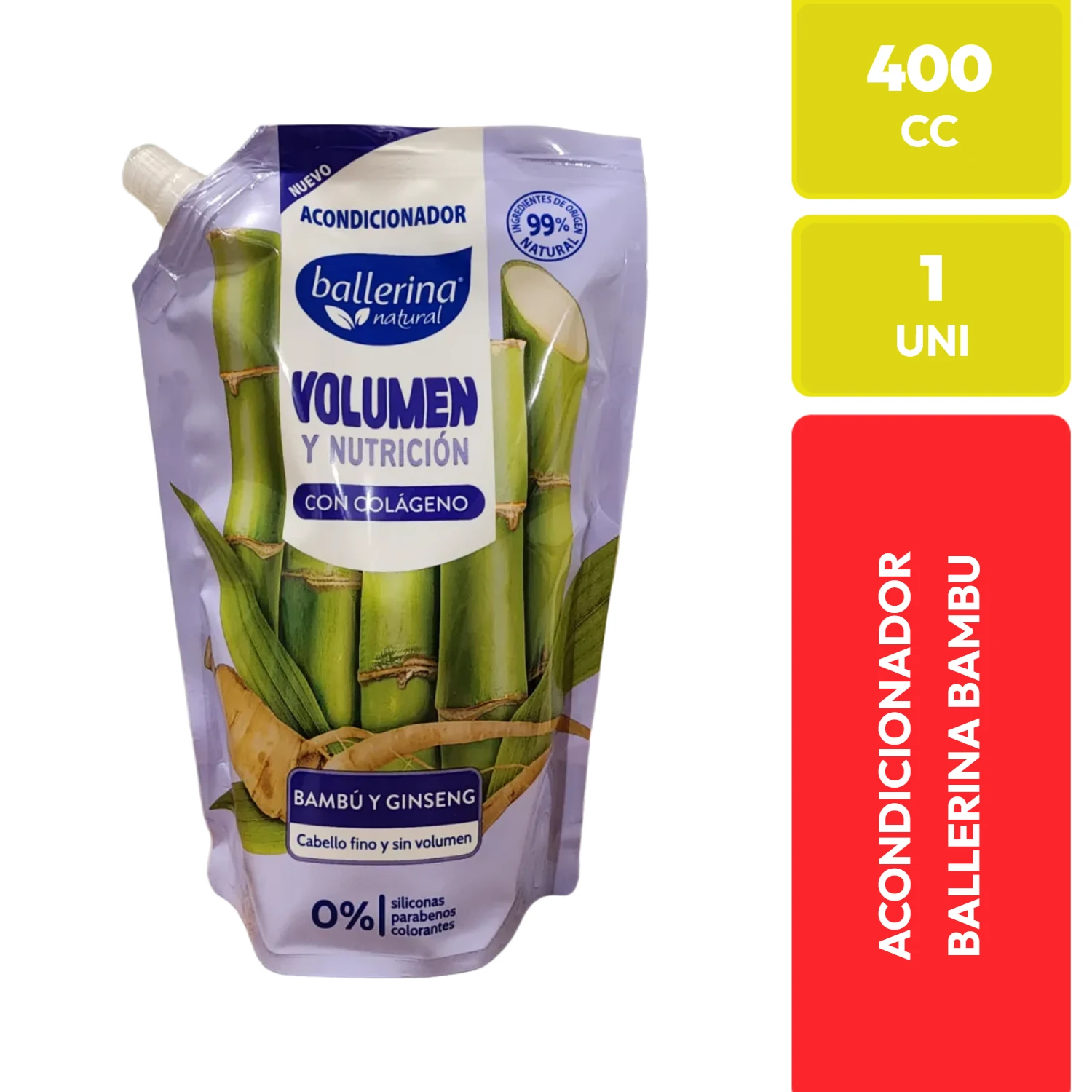 Acondicionador Ballerina Natural Volumen y Nutrición Bambú Ginseng 400 CC