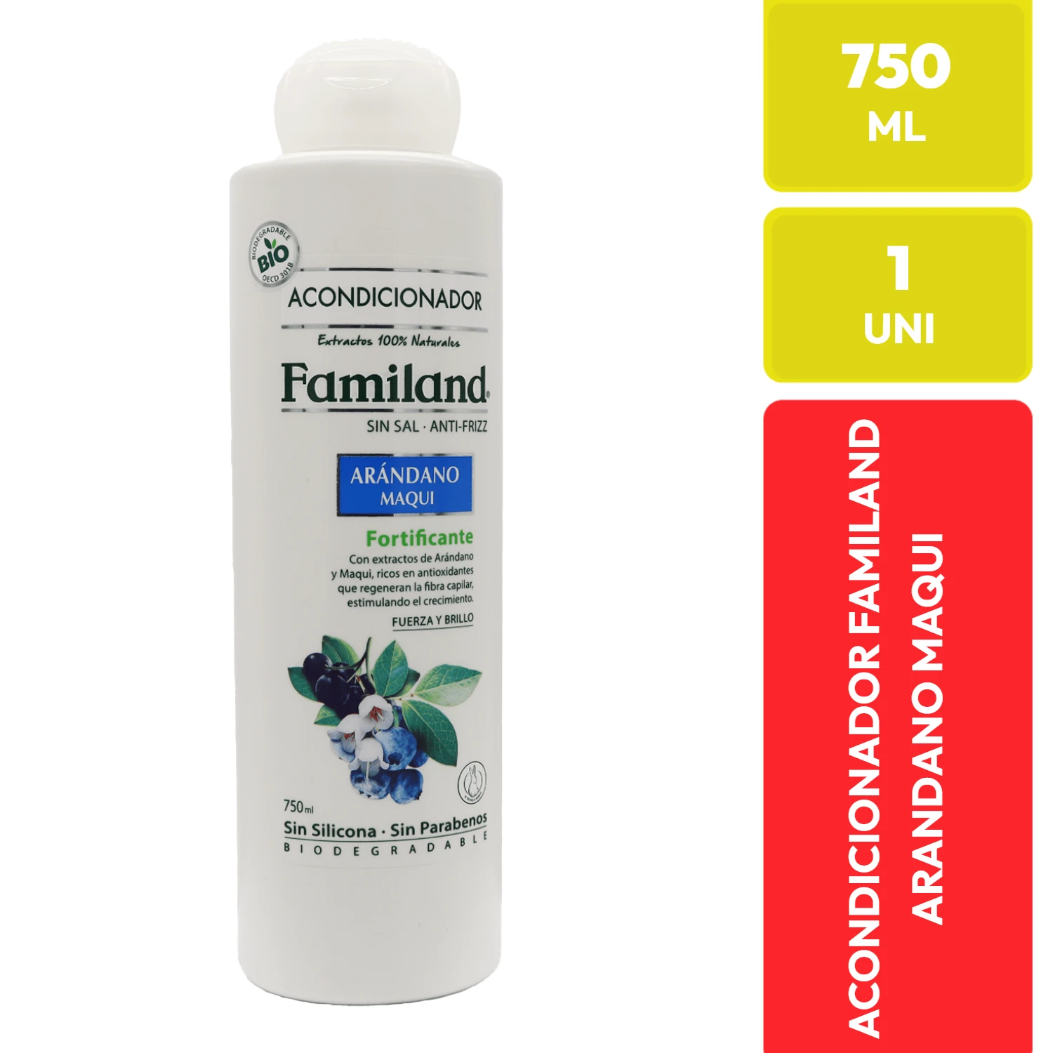 Familiand Acondicionador Arándano Maqui Fortificante Sin Sal Anti-Frizz 750 ML