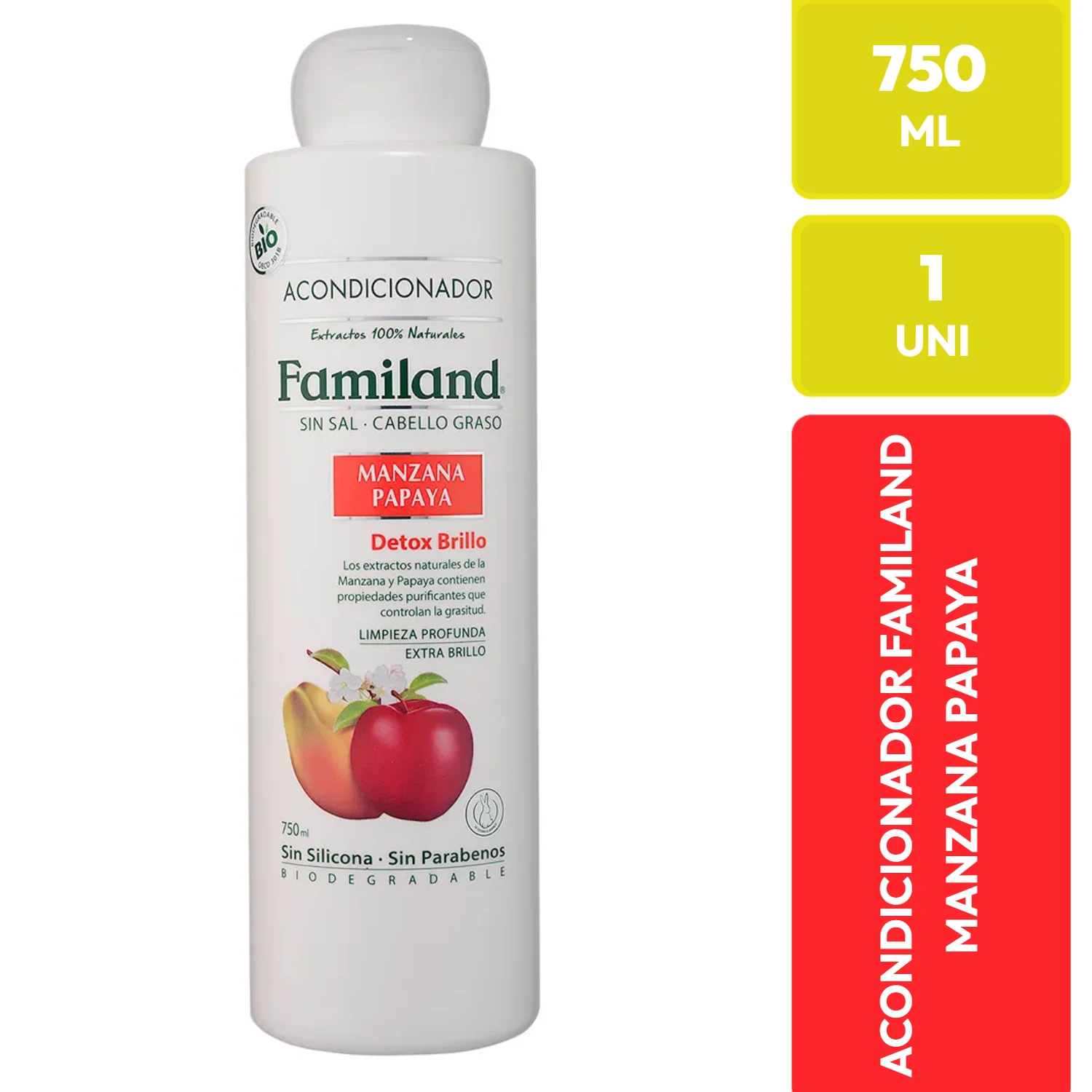 Acondicionador Familand Manzana Papaya Sin Sal Cabello Graso Detox Brillo 750ml
