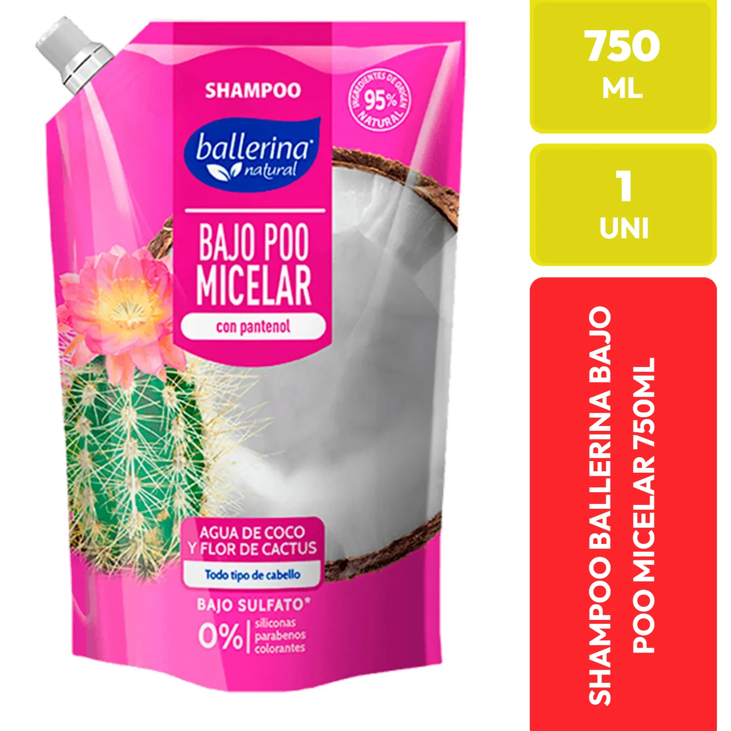 Ballerina Shampoo Bajo Poo Micelar Agua de Coco y Cactus 750ml