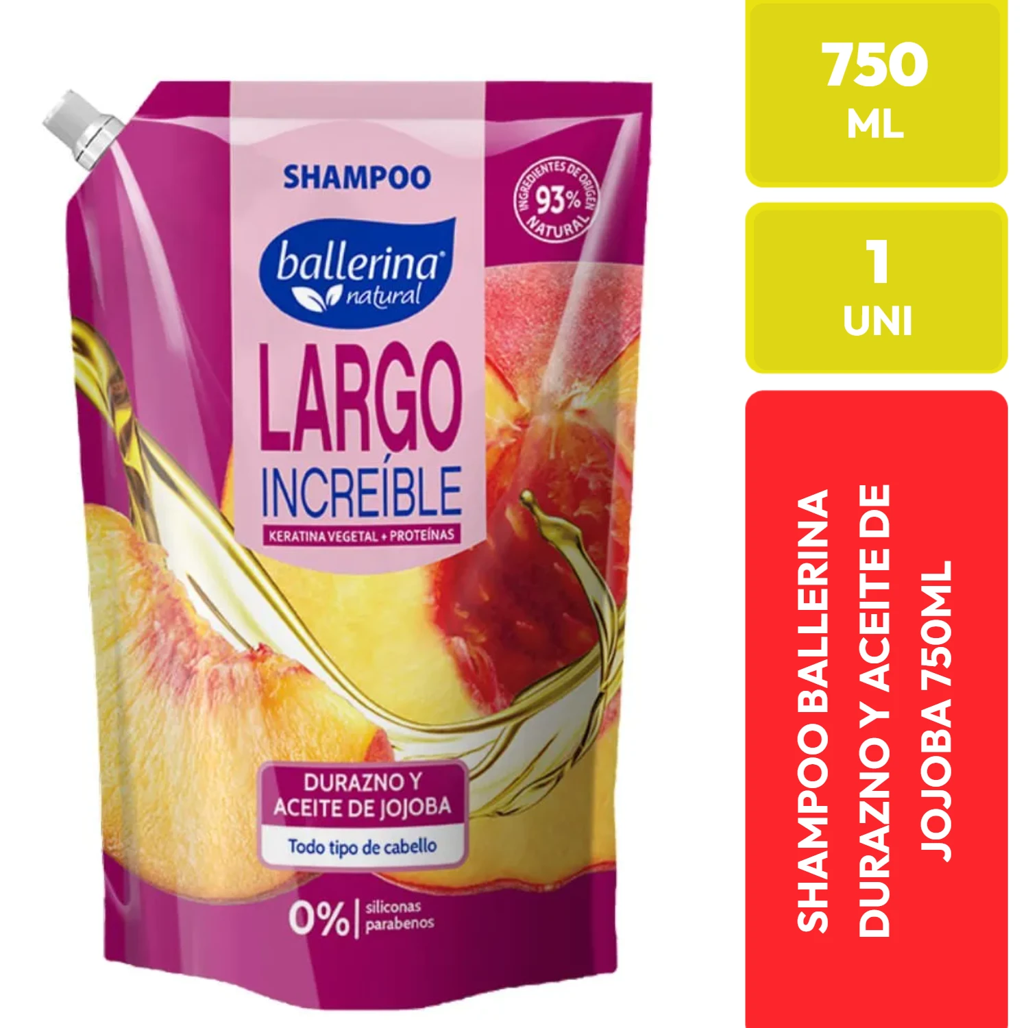 Ballerina Natural Shampoo Largo Increíble Durazno y Aceite de Jojoba Recarga 750ml