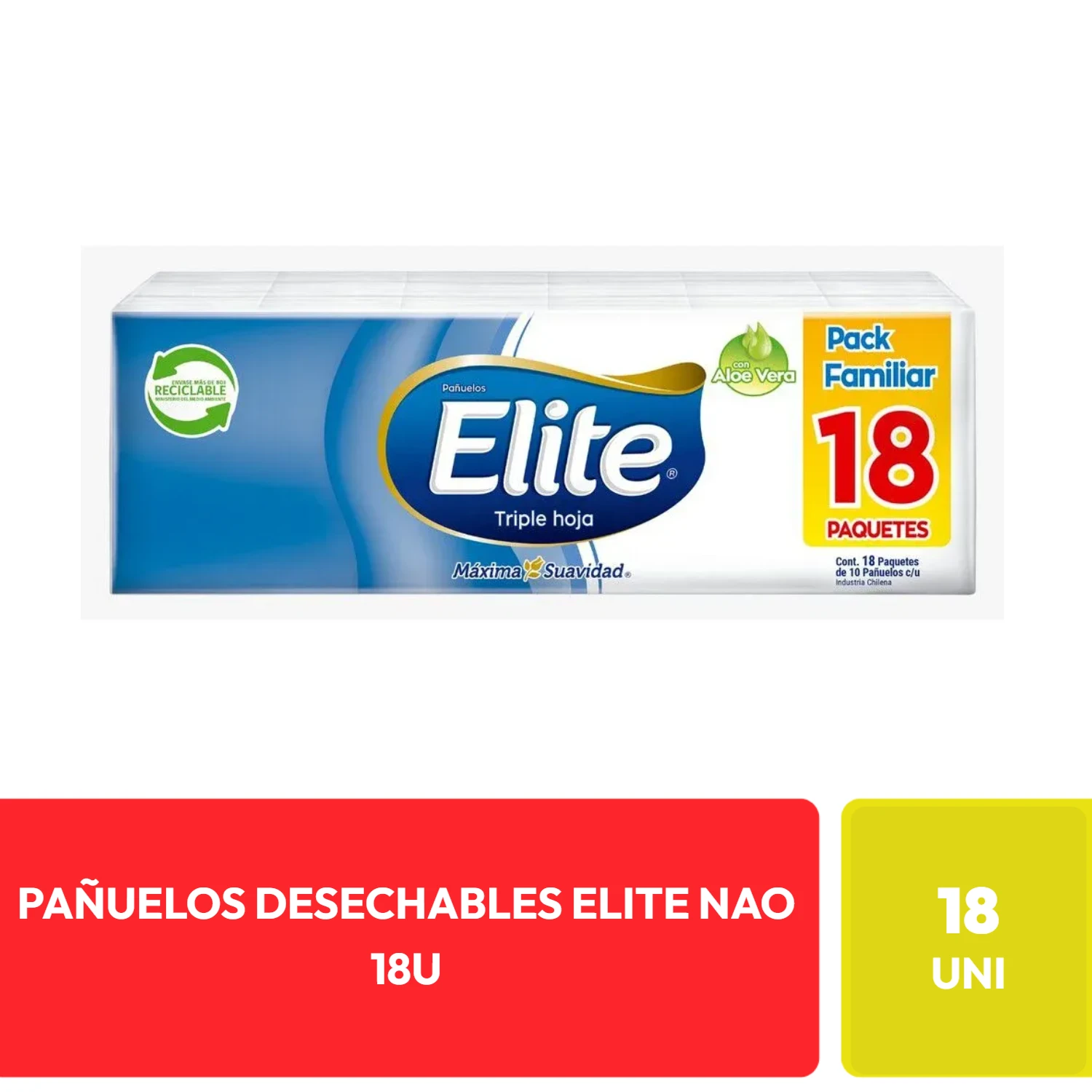 Elite Pañuelos Desechables Triple Hoja Aloe Vera 18 Paquetes
