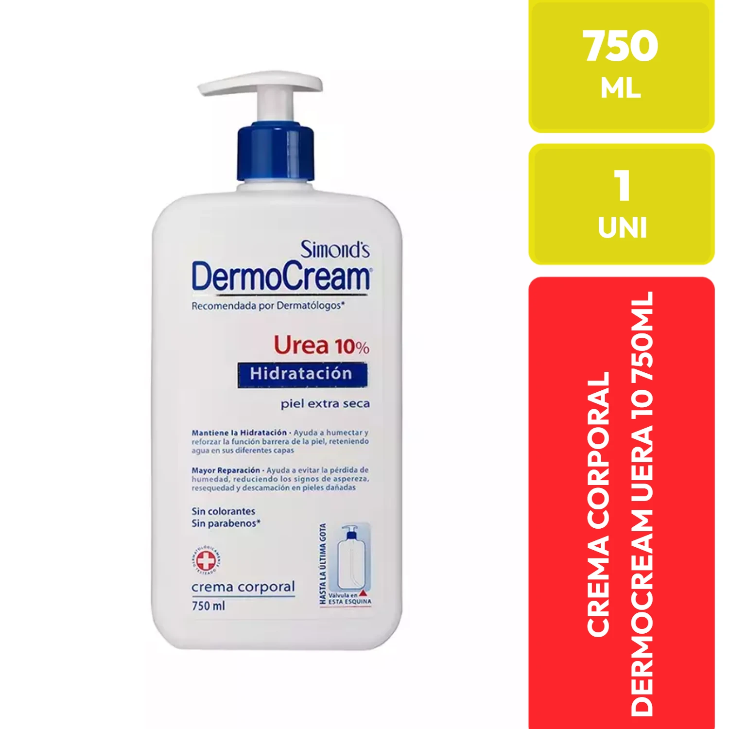 Dermocream Crema Corporal Urea 10% Hidratación Piel Extra Seca 750 ml