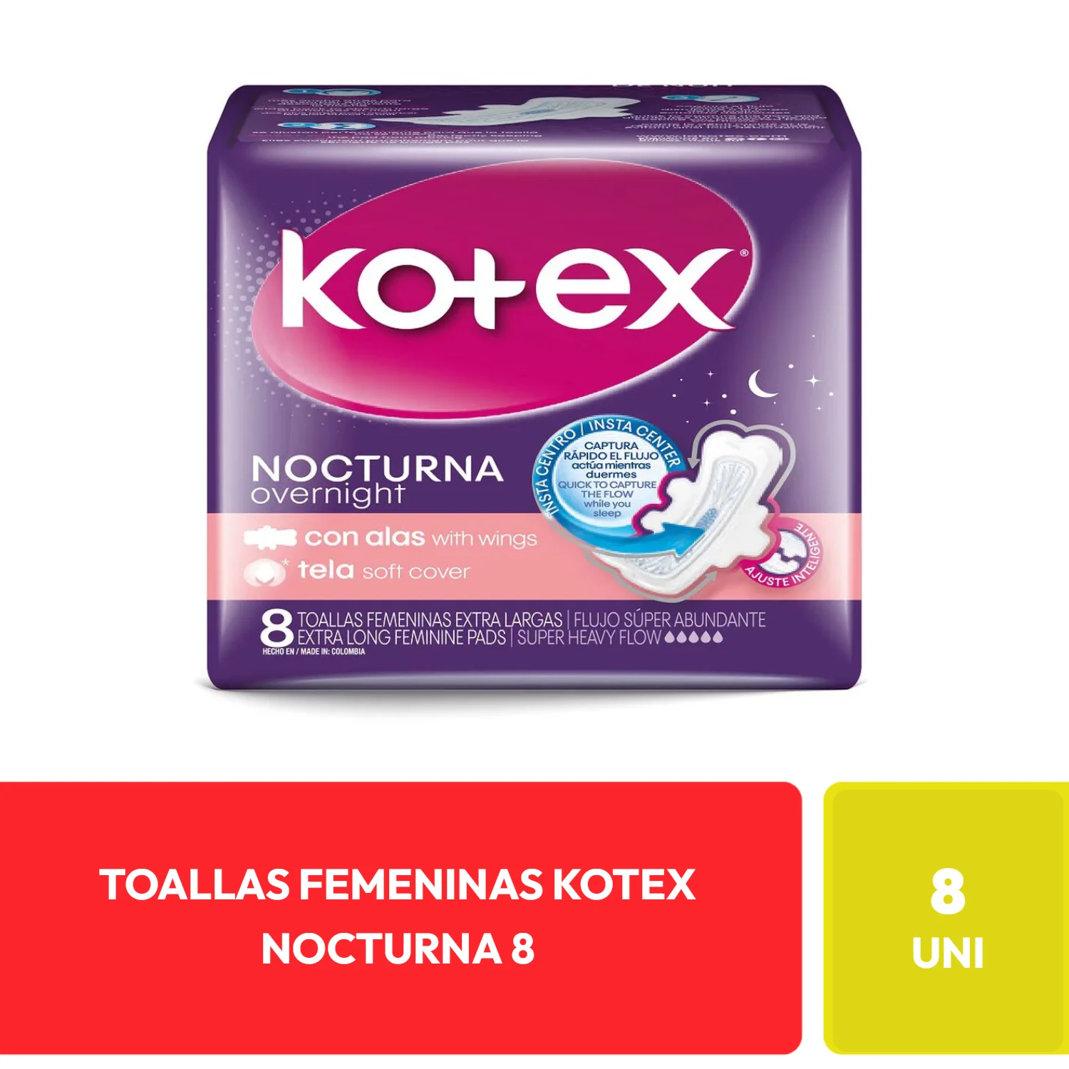 Kotex Toallas Femeninas Nocturna Extra Largas 8 Unidades