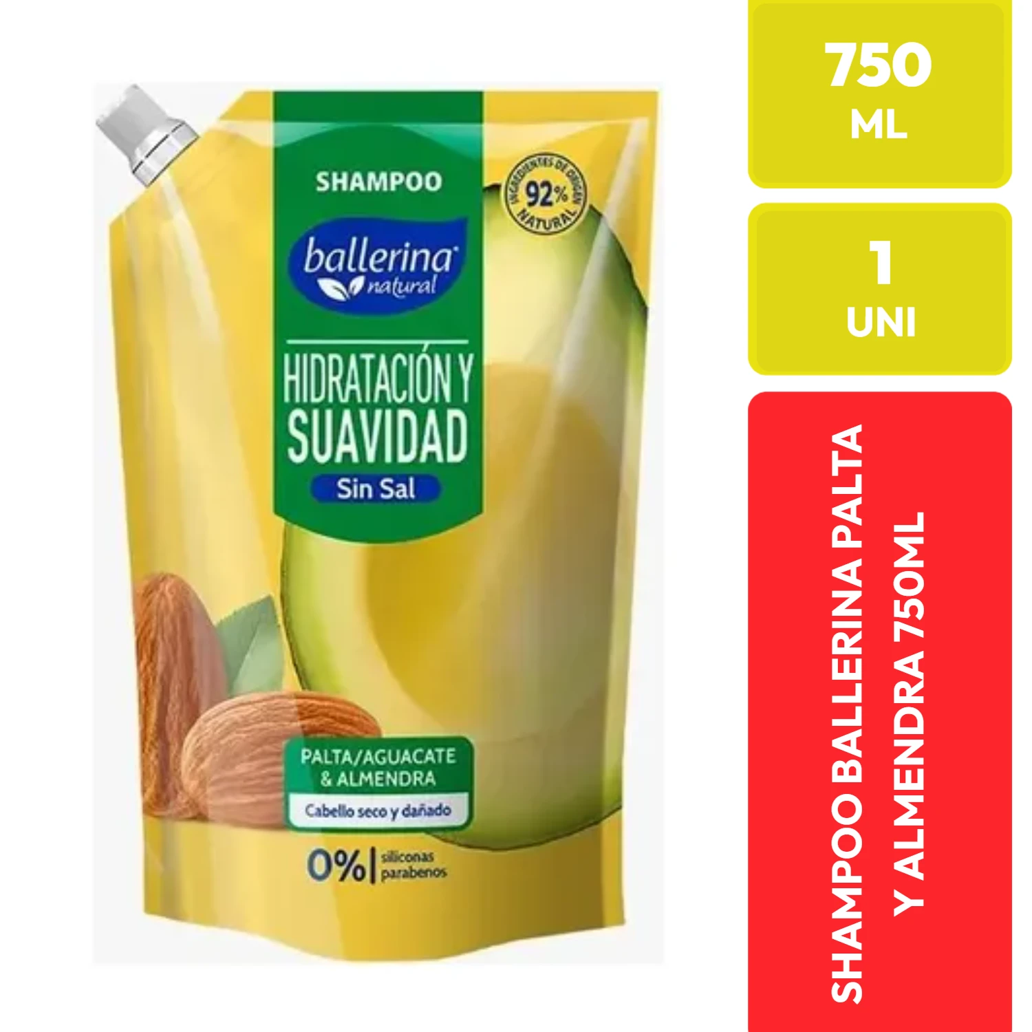 Shampoo Ballerina Natural Palta y Almendra Hidratación y Suavidad 750 ML