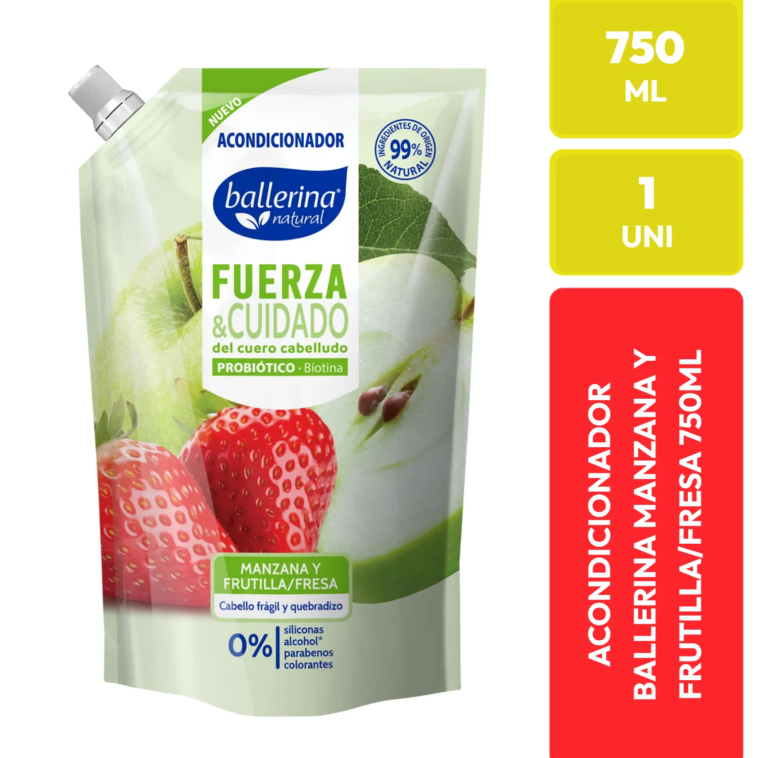 Acondicionador Ballerina Manzana y Frutilla Fuerza & Cuidado 750 ML